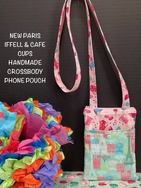 PARIS EIFFELL TOWER & CAFE CUPS HANDMADE CROSSBODY PHONE POUCH